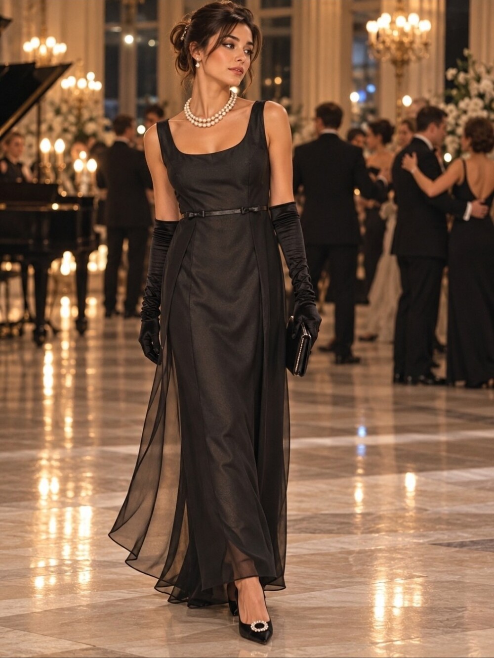 Vintage Black Sleeveless Sheer Overlay Old Hollywood Evening Maxi Dress